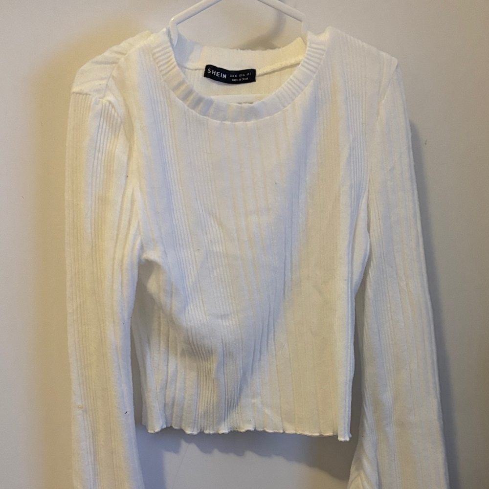 SHEIN Cream Ribbed Long Sleeve Blouse